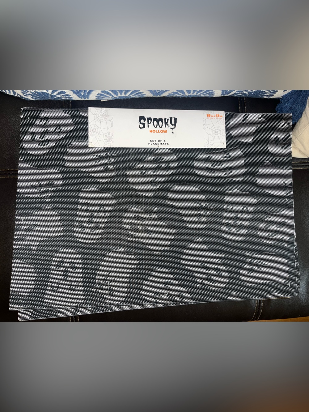 Spooky Halloween Ghost Print Placemats - Black & Gray Set of 4 NEW NWT